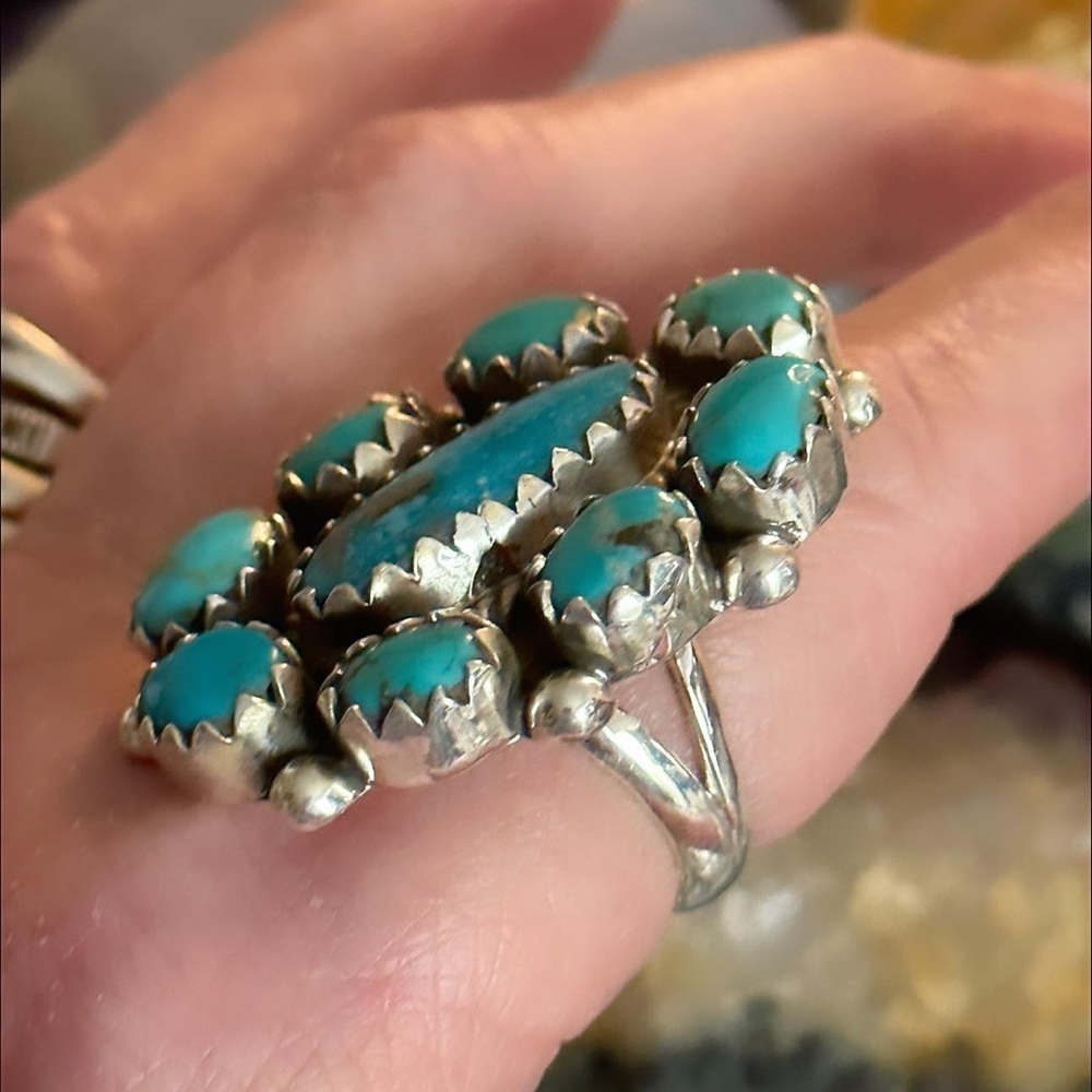 Turquoise Flower Cluster Statement Sterling Silve… - image 4